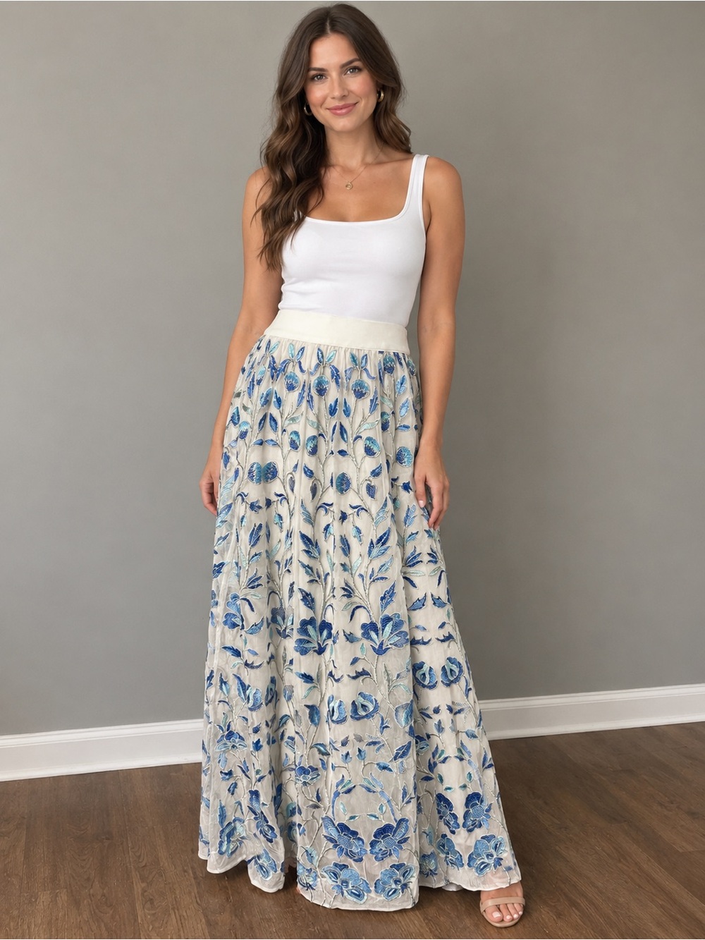 NWT Soft Surroundings Maxi Skirt with Blue Metallic Floral Embroidery